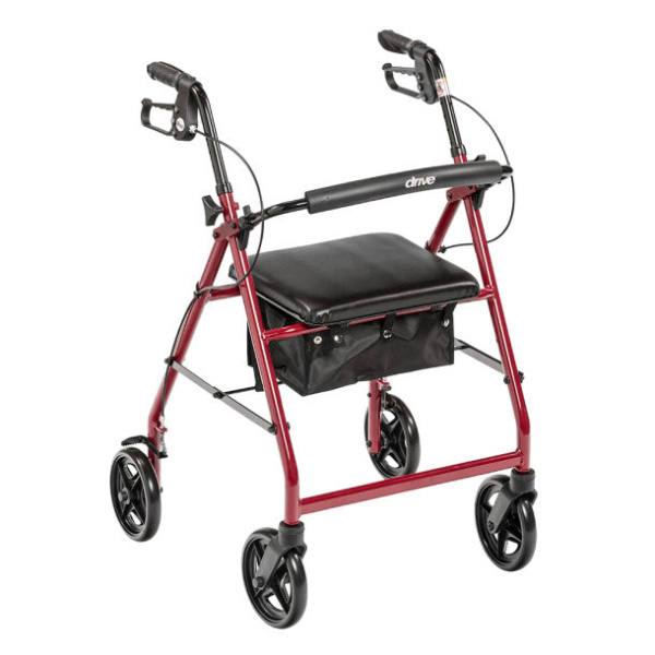 4 Wheel Rollator Red Adjustable Height Aluminum Frame